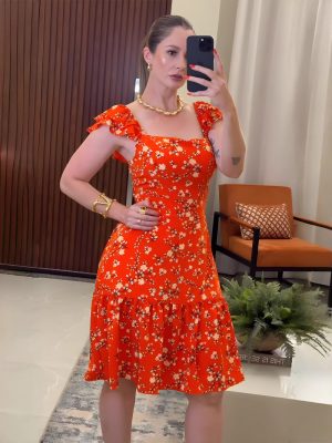 Summer Printed Dress with Flounced Sleeves