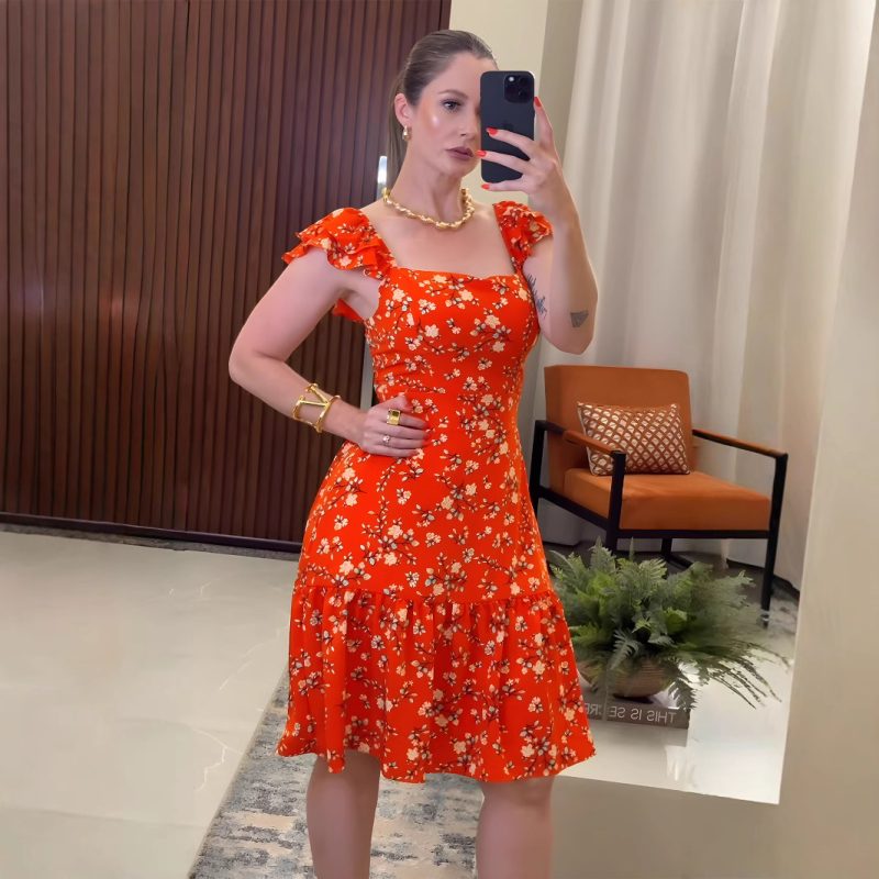 Summer Printed Dress with Flounced Sleeves
