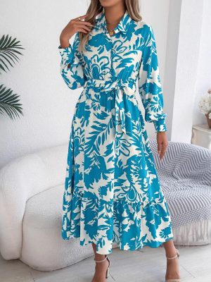 Casual Floral Ruffled Long Sleeve Maxi Dress
