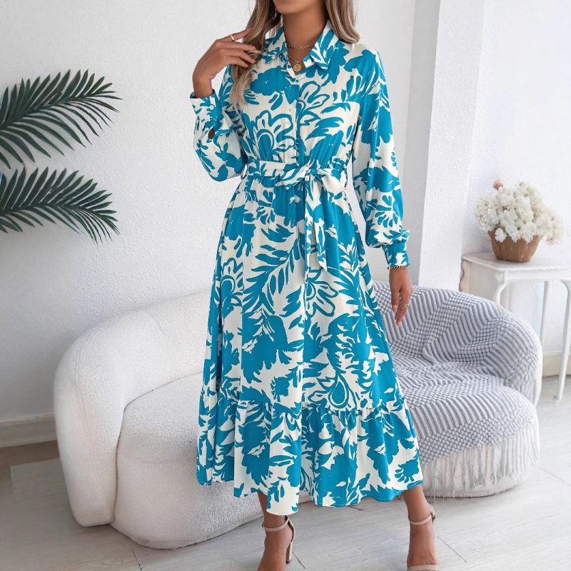 Casual Floral Ruffled Long Sleeve Maxi Dress