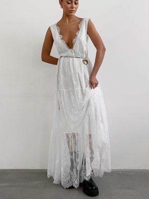 Black Brocade Lace V-Neck Backless Dress