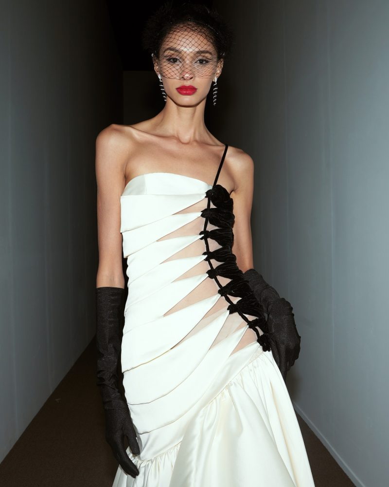 One-Shoulder Satin Contrast Fishtail Maxi Dress - Image 2