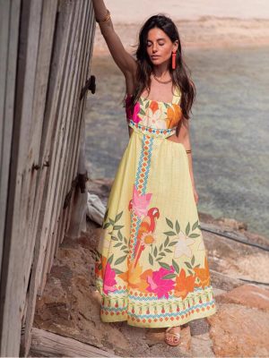 Summer Printed Lace-Up Swing Dress for Women