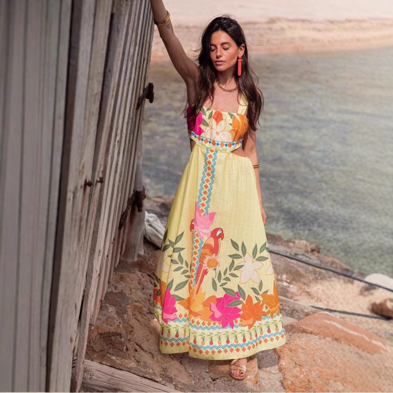 Summer Printed Lace-Up Swing Dress for Women