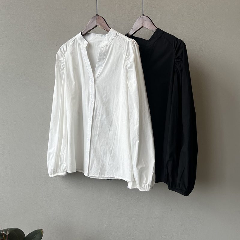 Spring Pleated Puff Sleeve Stand Collar Shirt - Image 3