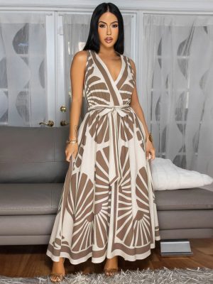 Bohemian Deep V Plunge Sleeveless Printed Dress