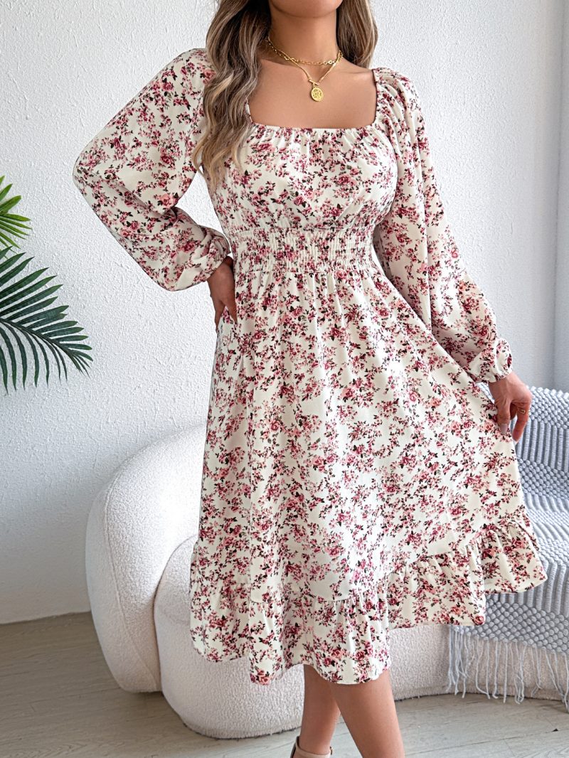 Elegant Autumn Floral Square Collar Ruffled A-Line Dress - Image 3