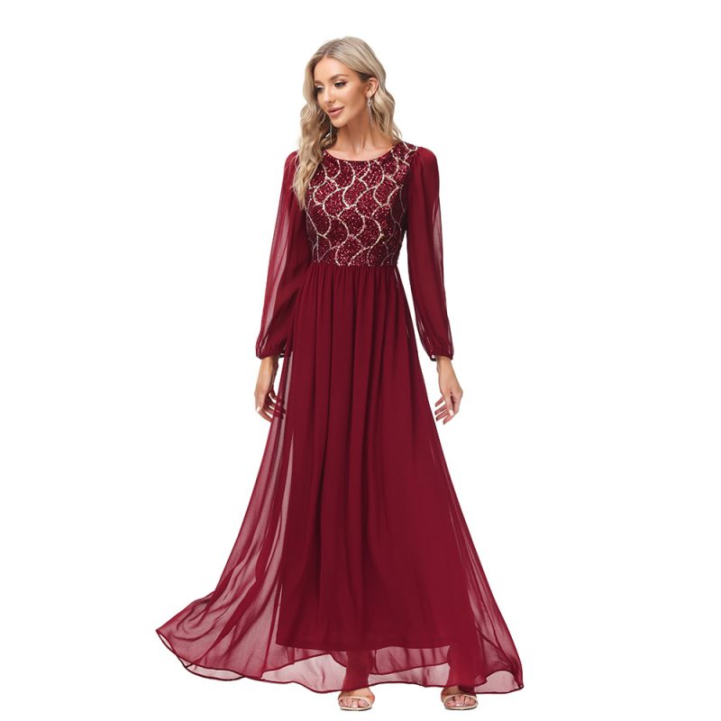 Elegant Long Sleeve Chiffon Sequin A-Line Evening Dress - Image 2