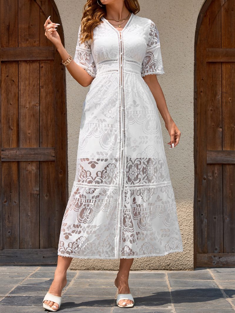 Elegant V-Neck Lace Pastoral Long Dress - Image 2
