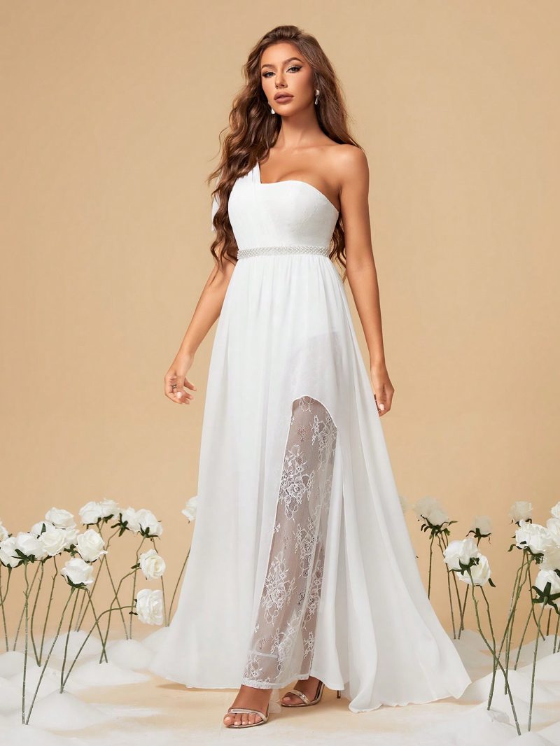White One-Shoulder Slit Sexy Evening Dress - Image 3