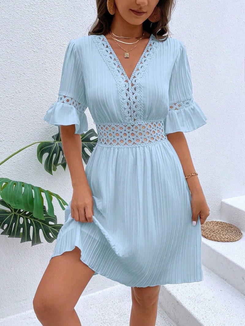 Summer Lace Patchwork V-Neck Waist Dress Women - Image 2