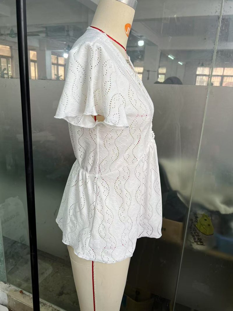 Summer Lace V-Neck Flying Sleeve Jacquard Top - Image 4