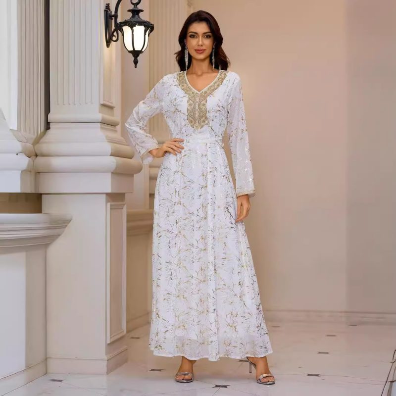 Women’s Long Sleeve Gold Pattern Maxi Dress - Image 4