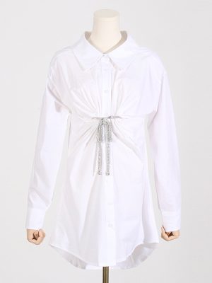 Spring Polo Collar Crystal Embellished Shirt Dress