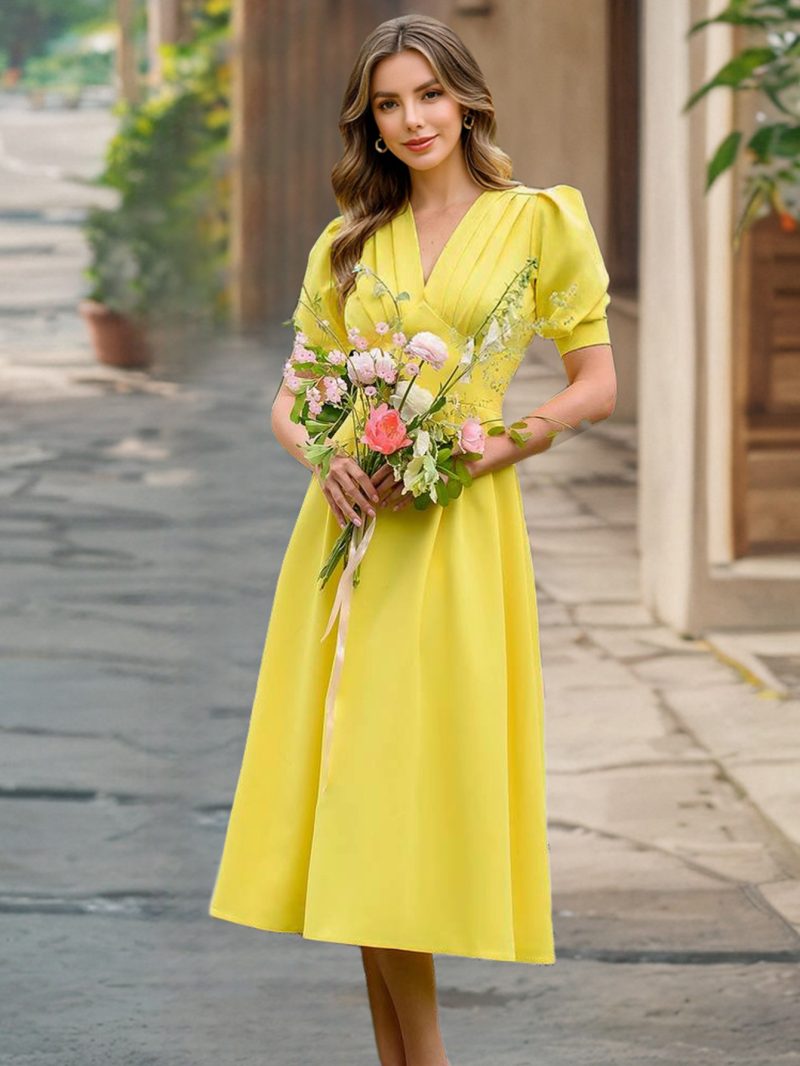 Retro Summer V-Neck Lantern Sleeve Dress - Image 2