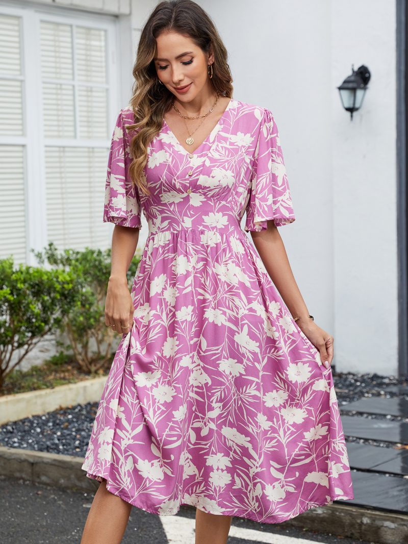 Rayon V-Neck Tight Waist Swing Dress - Image 2