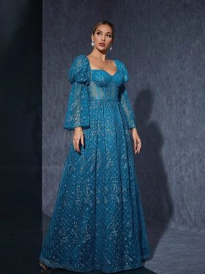 Embroidered Bubble Bell Sleeve Fairy Evening Dress