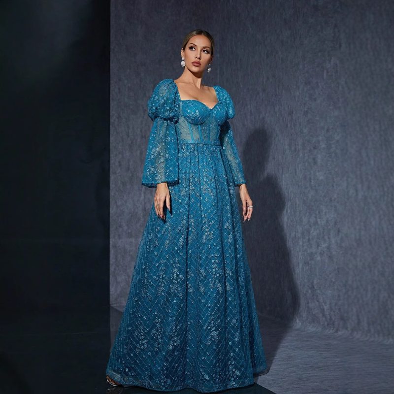 Embroidered Bubble Bell Sleeve Fairy Evening Dress
