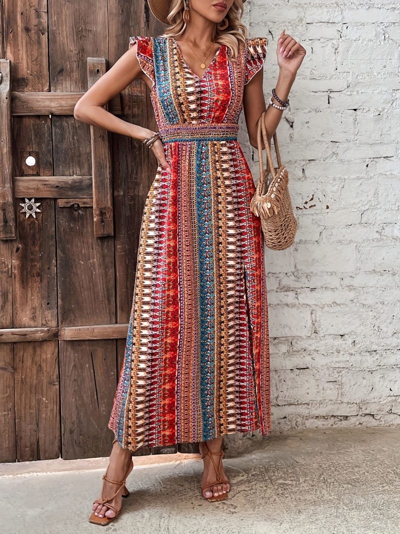 Printed Smocked Waist V-Neck Slit Dress - Image 3