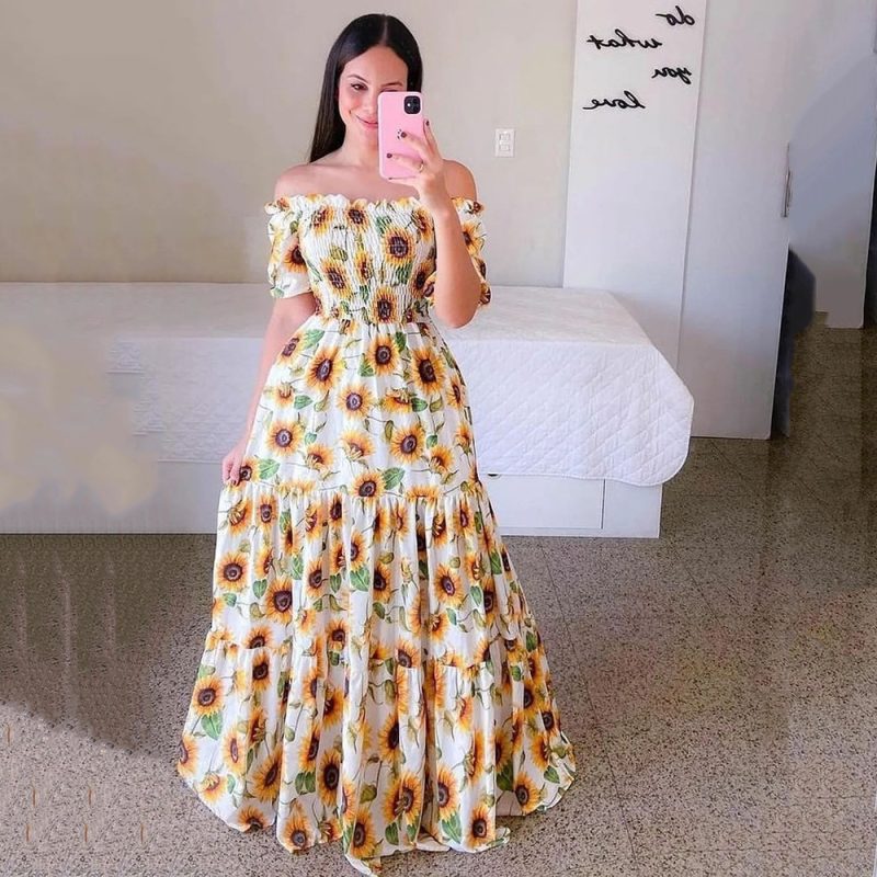 Women's Off-Shoulder Long Printed Summer Dress - Image 2