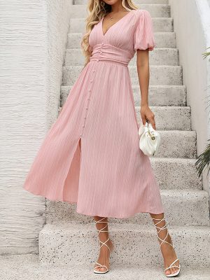 Textured V Neck Split Dress with Lantern Sleeves