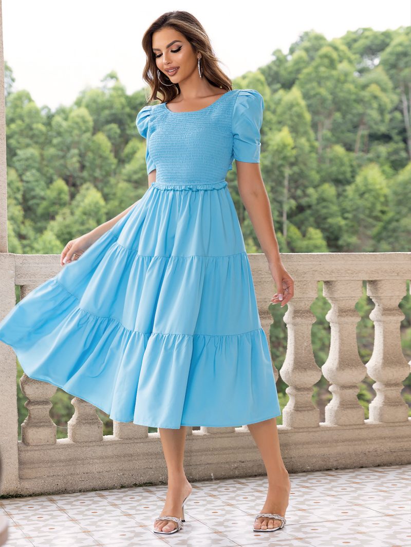 Square Collar Backless Puff Sleeve Summer Dress - Image 3