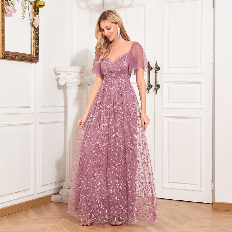 Elegant Sheer Sleeve Embroidered V-Neck Evening Dress - Image 3