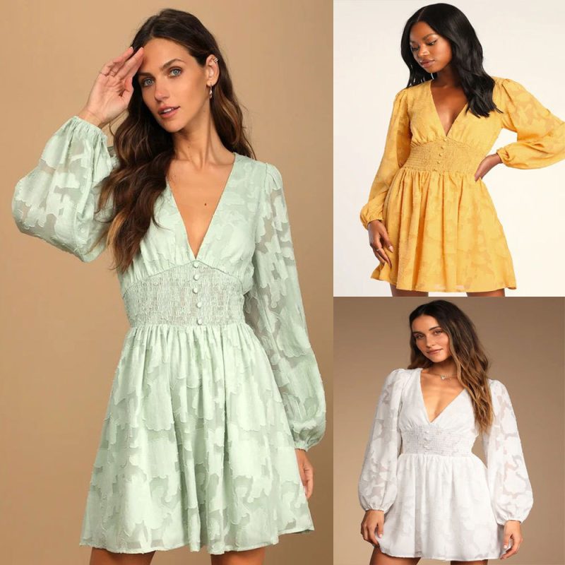 Long Sleeve Chiffon Dress with Hollow Out V-Neck – Women’s A-Line Fit - Image 4