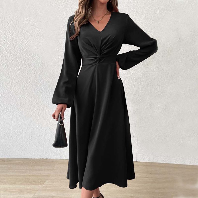 Elegant French V-Neck High Waist Midi Dress - Image 3
