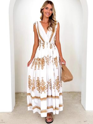 Summer Printed V-Neck Waist-Controlled Large Hem Maxi Dress