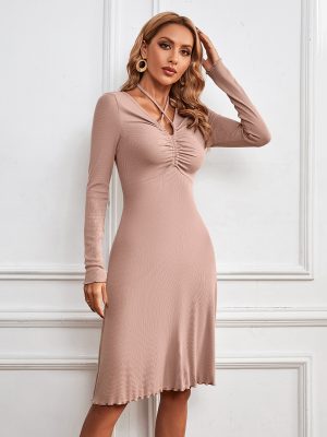 Lace-Up V-Neck Knitted A-Line Dress