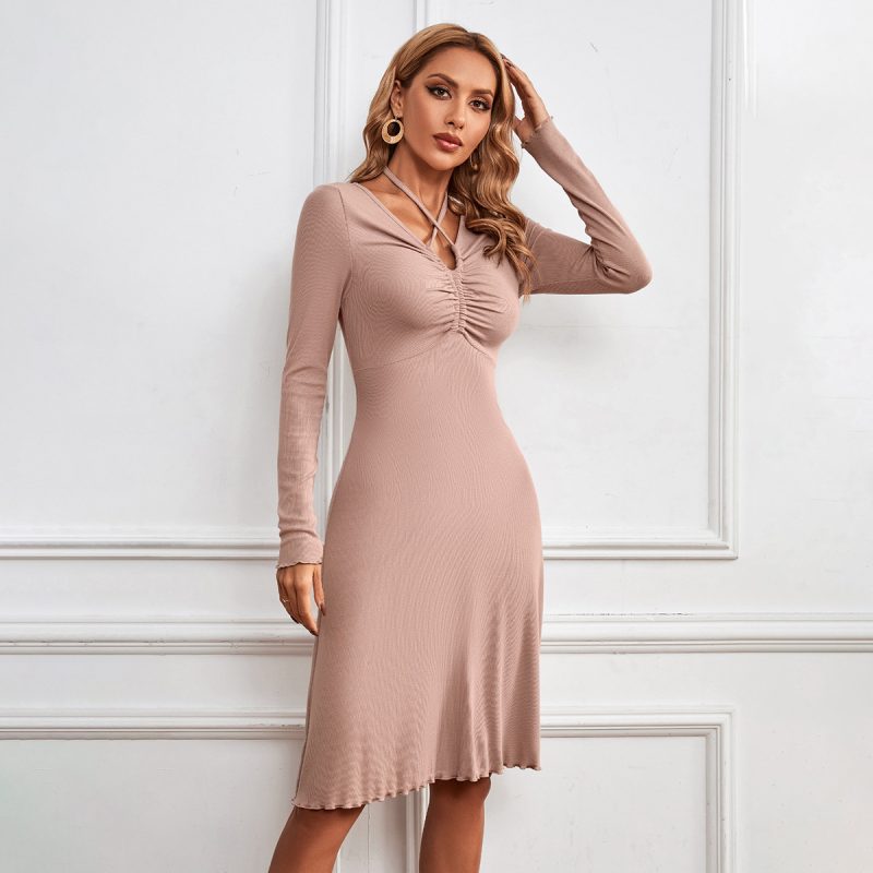 Lace-Up V-Neck Knitted A-Line Dress