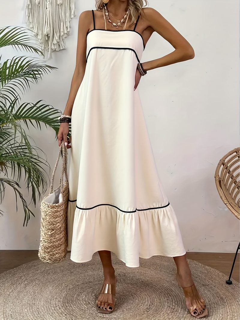 Sweet Solid Cami Dress with Tie Waist - Image 2