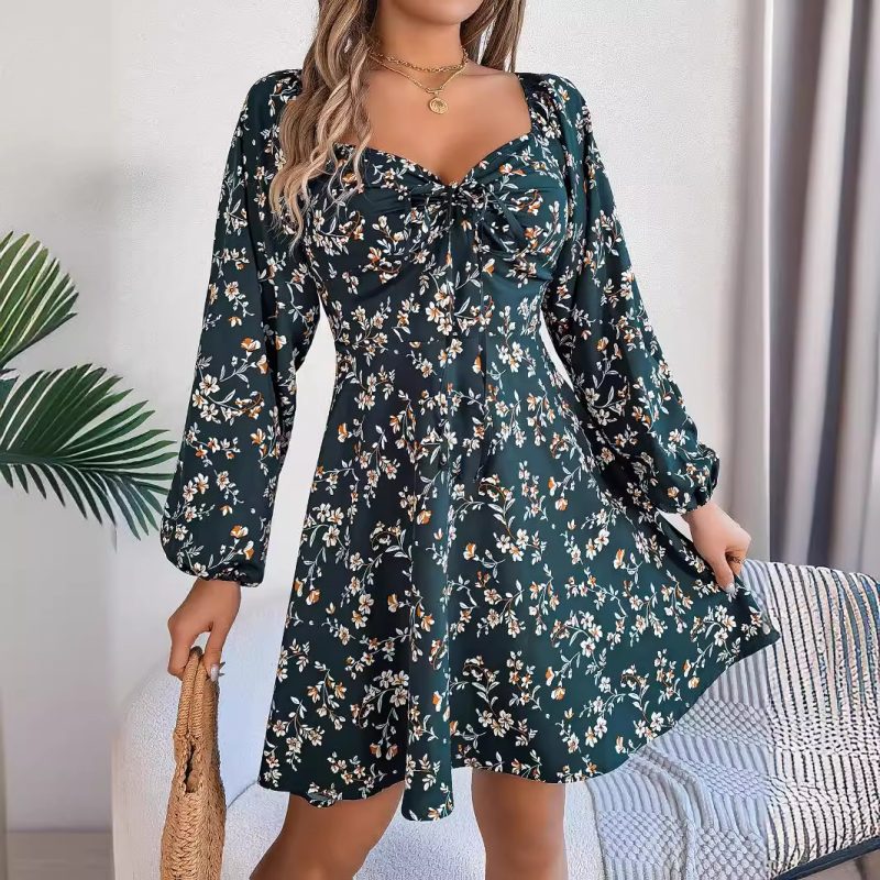 Floral Square Collar Lacing A-Line Dress - Image 3