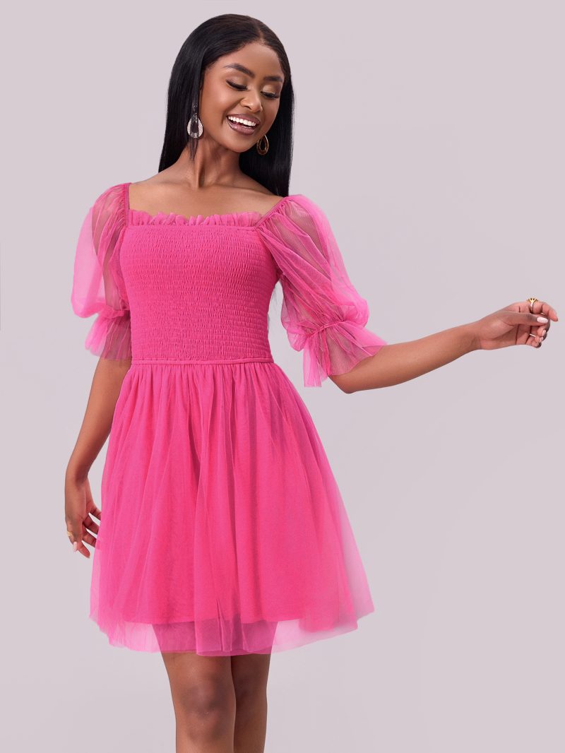 Off-Shoulder Long Sleeve Pleated Mesh Princess Dress - Image 2