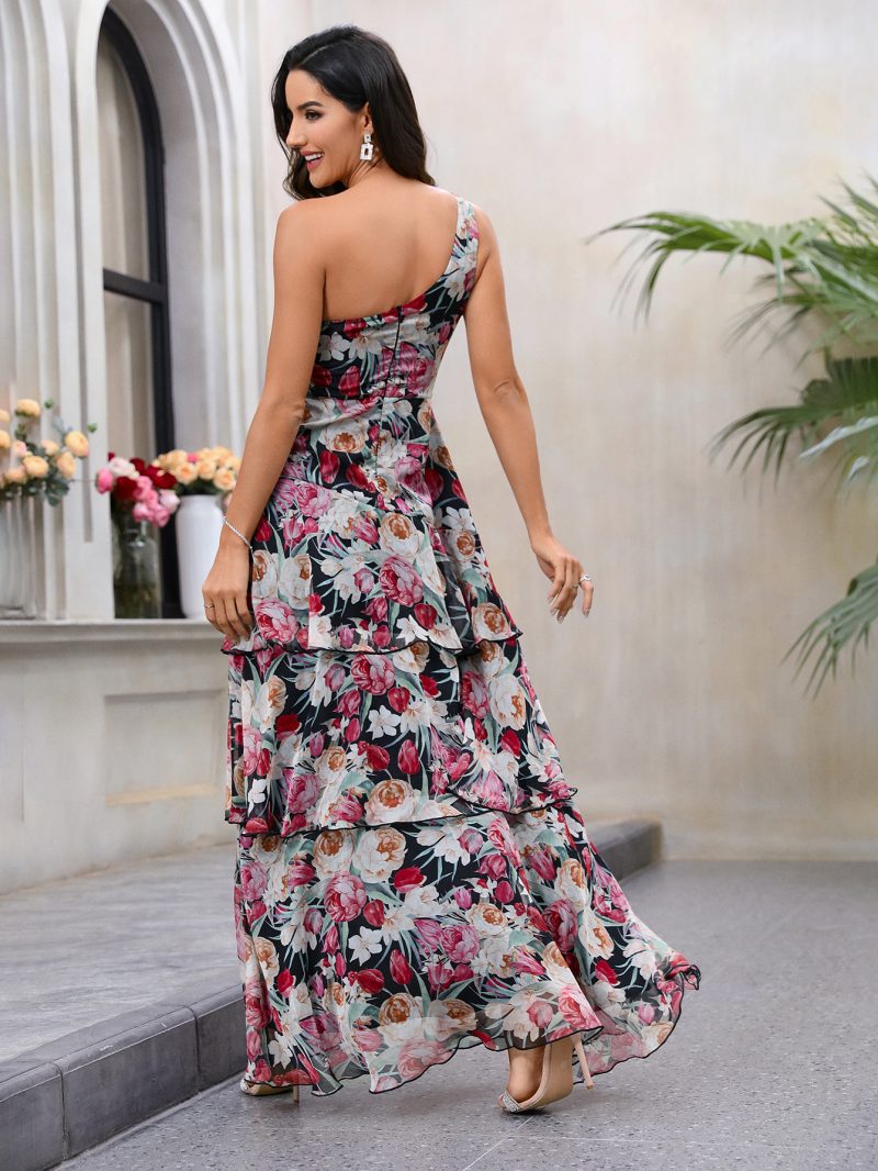 Floral One-Shoulder Tiered Slit Maxi Dress - Image 4
