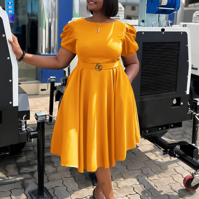 Elegant Puff Sleeve Waisted A-Line Hem Dress