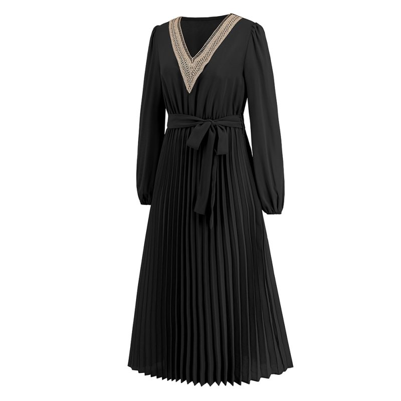 Lace Pleated Slim Fit V-Neck Dress - Image 3