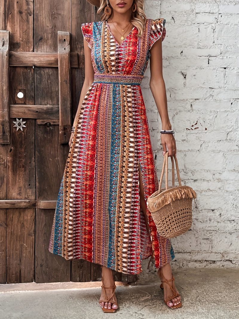 Printed Smocked Waist V-Neck Slit Dress - Image 2