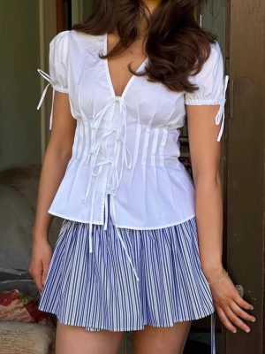 Spring Summer French Waist Lace-Up V-Neck Pleated Shirt