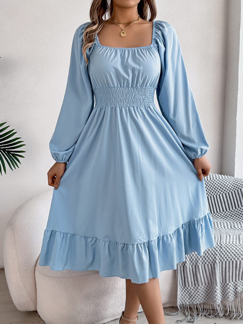 Casual Solid Square Collar Ruffle A-Line Dress - Image 2