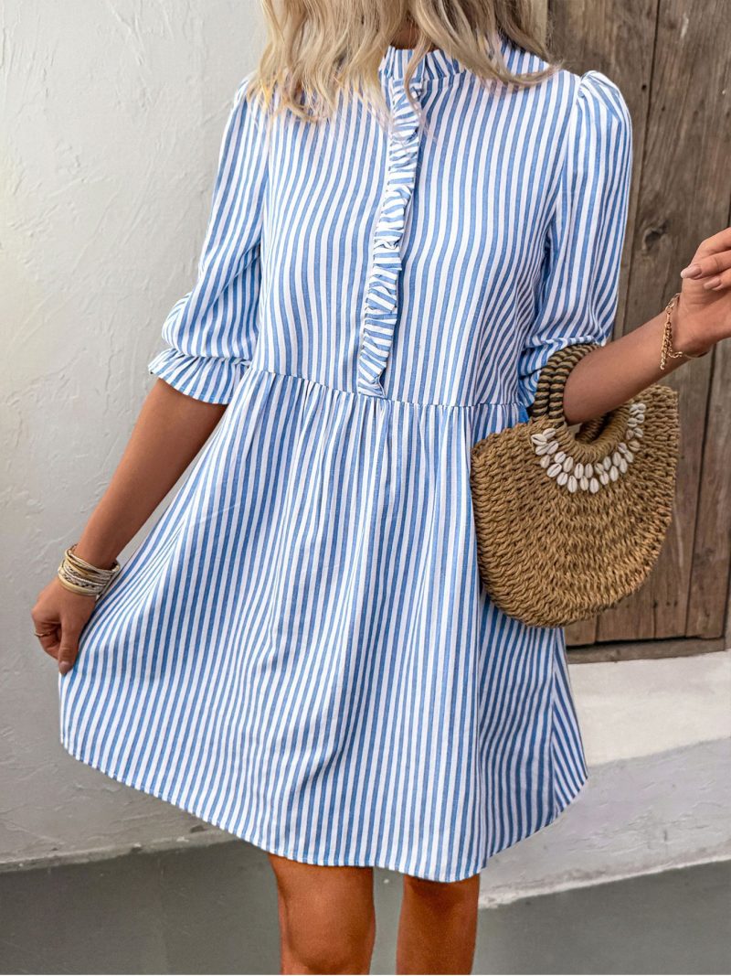 Striped Wooden Ear Half Sleeve Shirt Dress - Image 3