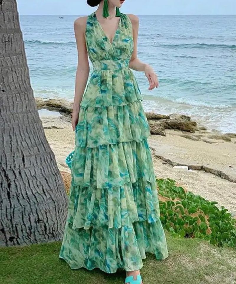 Spring V-Neck Multi-Layer Printed Sling Dress - Image 3