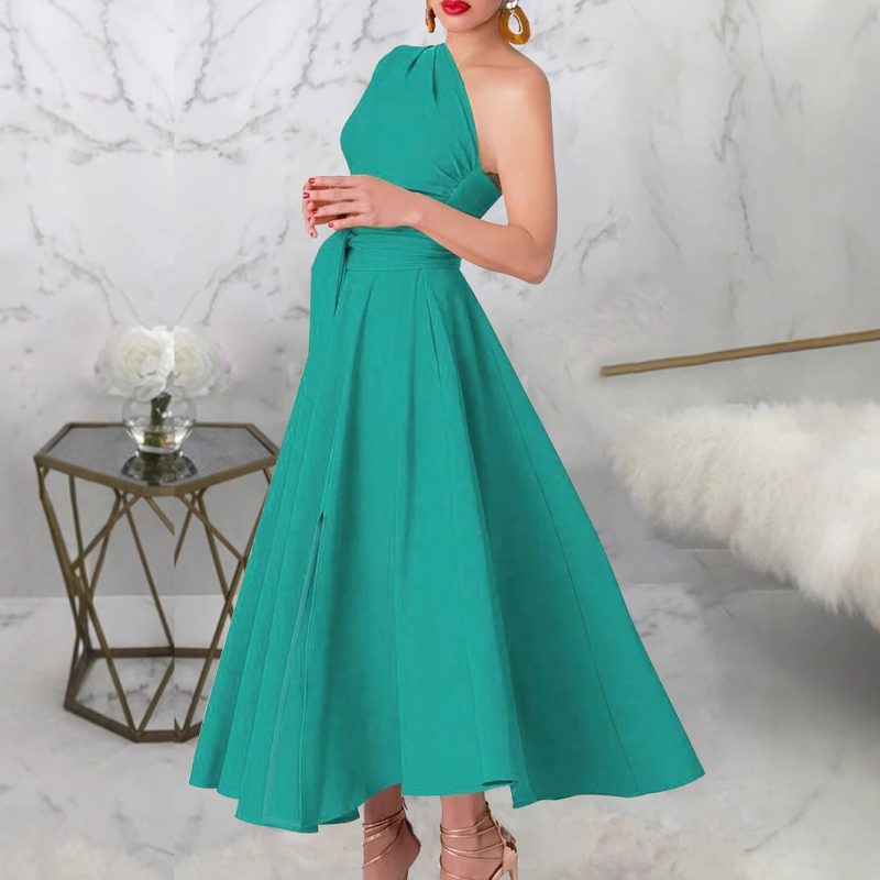 Elegant One-Shoulder Maxi Dress with Belt - Image 2
