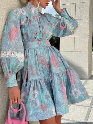 Stylish Printed Turtleneck Dress with Wide Hem