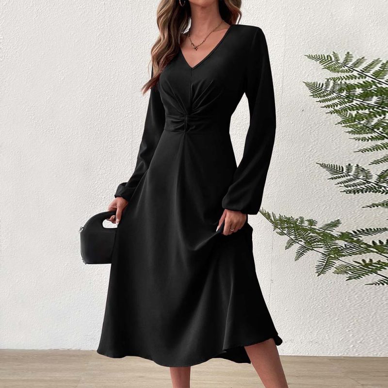 Elegant French V-Neck High Waist Midi Dress - Image 2