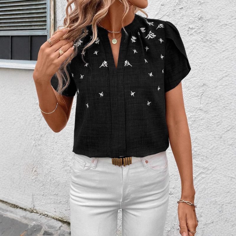 Spring Summer Half-Collar Short Sleeve Wrinkled Shoulder Printed Shirt - Image 2