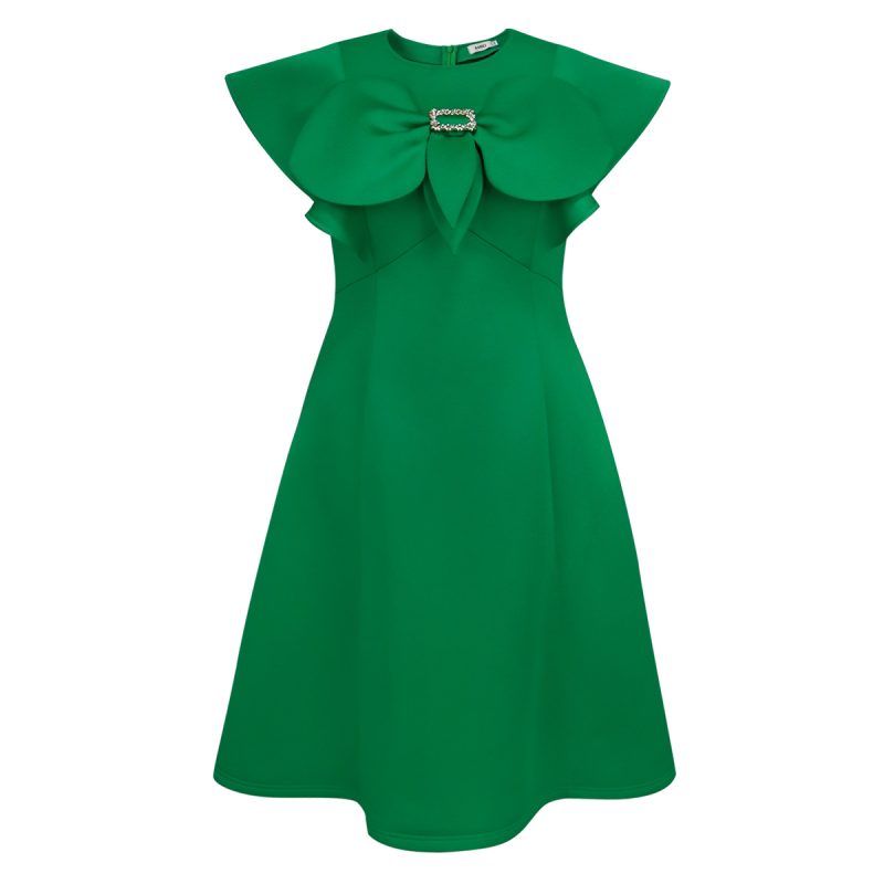 Elegant Bow Round Neck Cape Sleeve Dress - Image 3