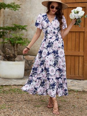 Slim Fit V-Neck Rayon Vacation Maxi Dress
