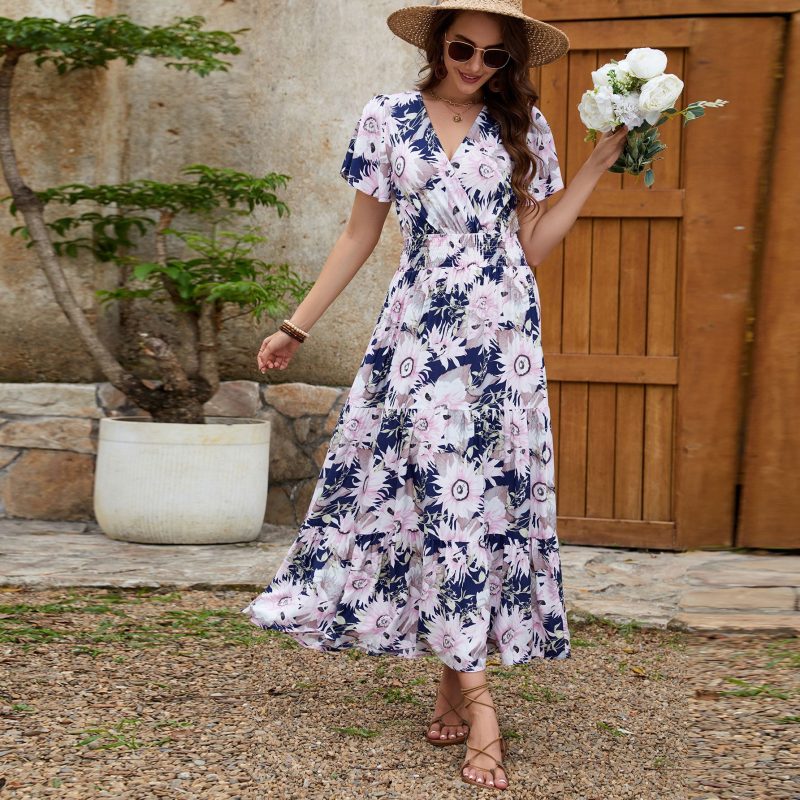 Slim Fit V-Neck Rayon Vacation Maxi Dress